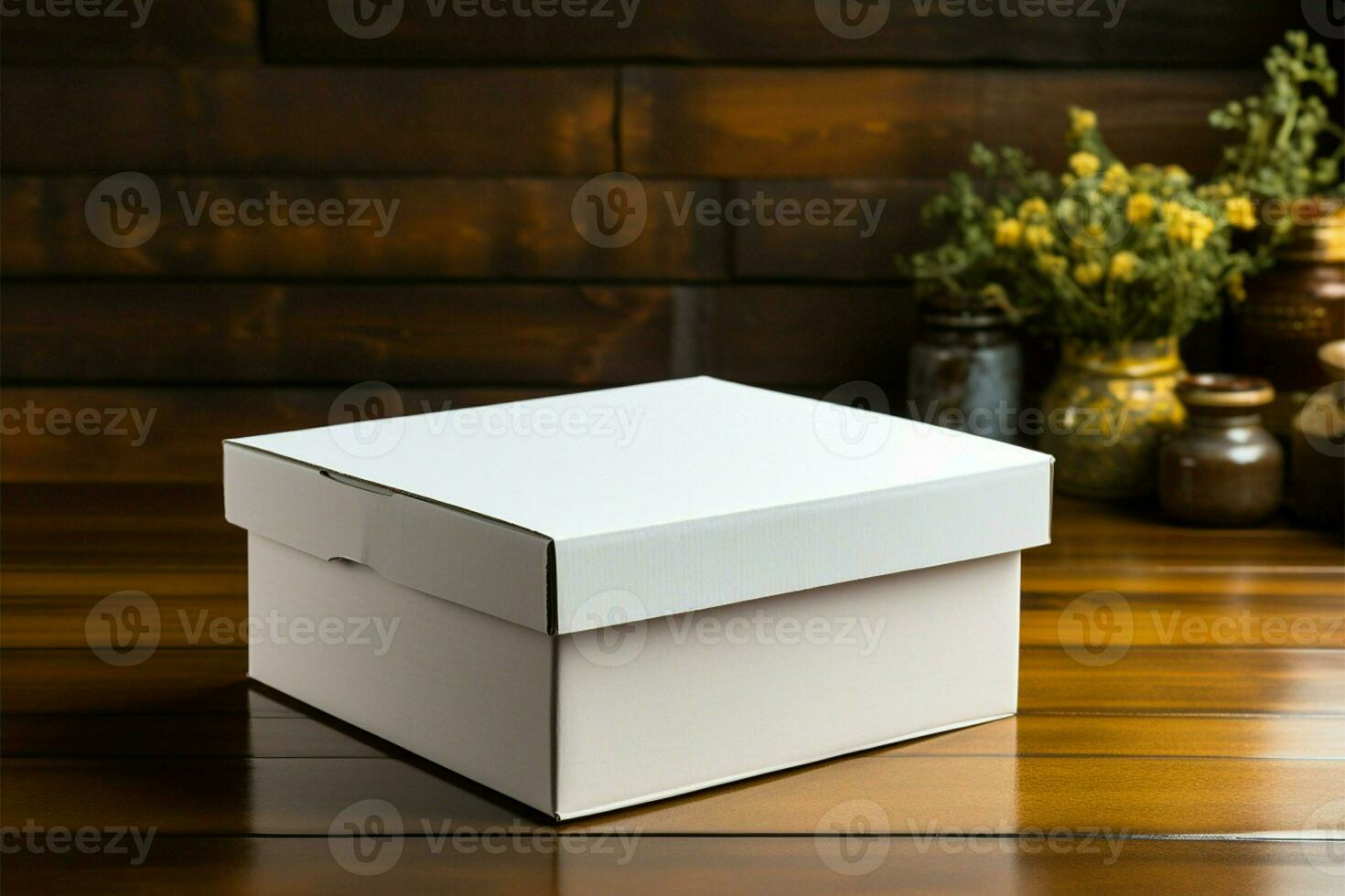 ai gerado neutro sofisticação branco papel caixa em uma de madeira mesa fundo foto