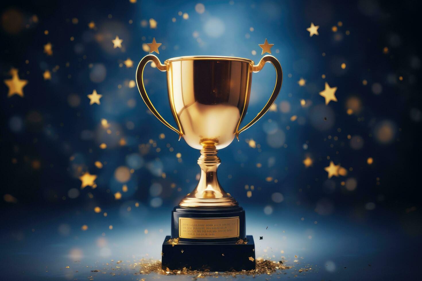 ai gerado dourado troféu copo com estrelas e bokeh fundo. 3d Renderização, campeão dourado troféu com ouro estrelas em uma Sombrio azul fundo, ai gerado foto