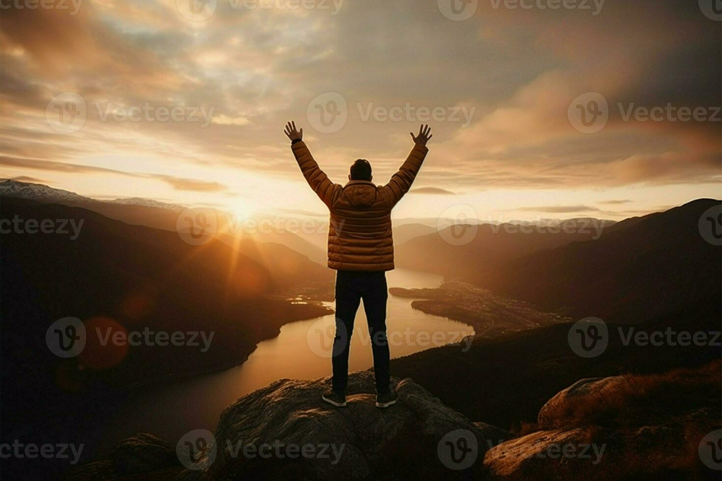 ai gerado pôr do sol alegria positivo homem comemora com braços elevado dentro montanhoso panorama foto