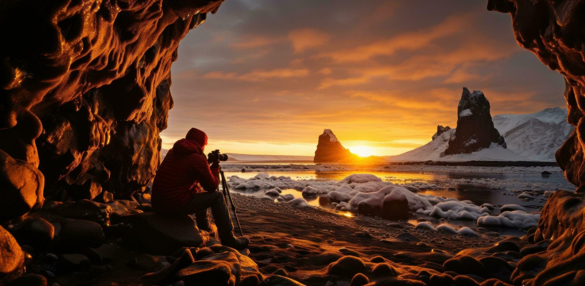 ai gerado fotógrafo levando foto dentro a gelo caverna dentro Páscoa ilha, Lapônia