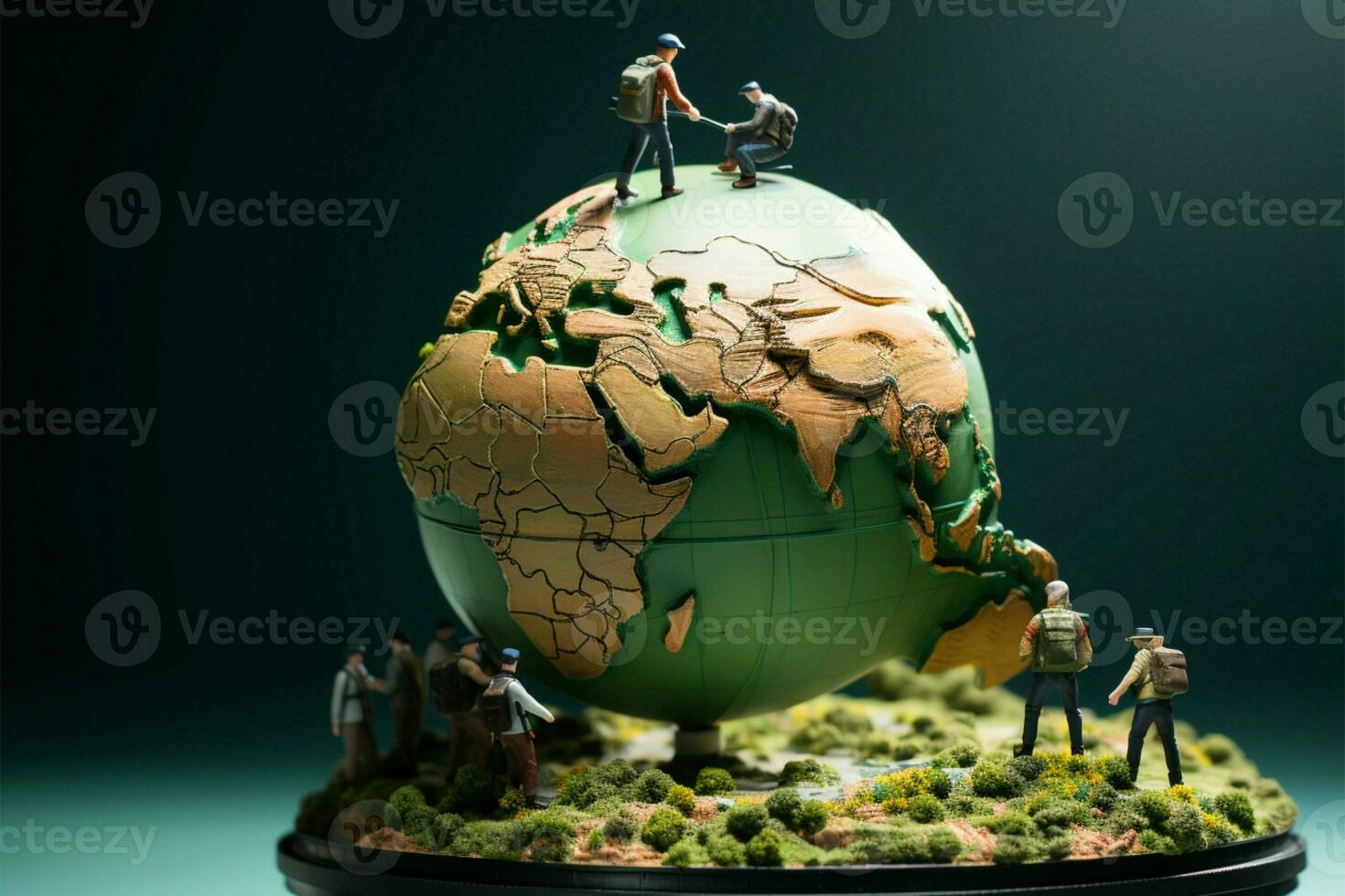 ai gerado mundano caminhada miniatura Viajantes ficar de pé em uma globo, plotagem seus viagem foto