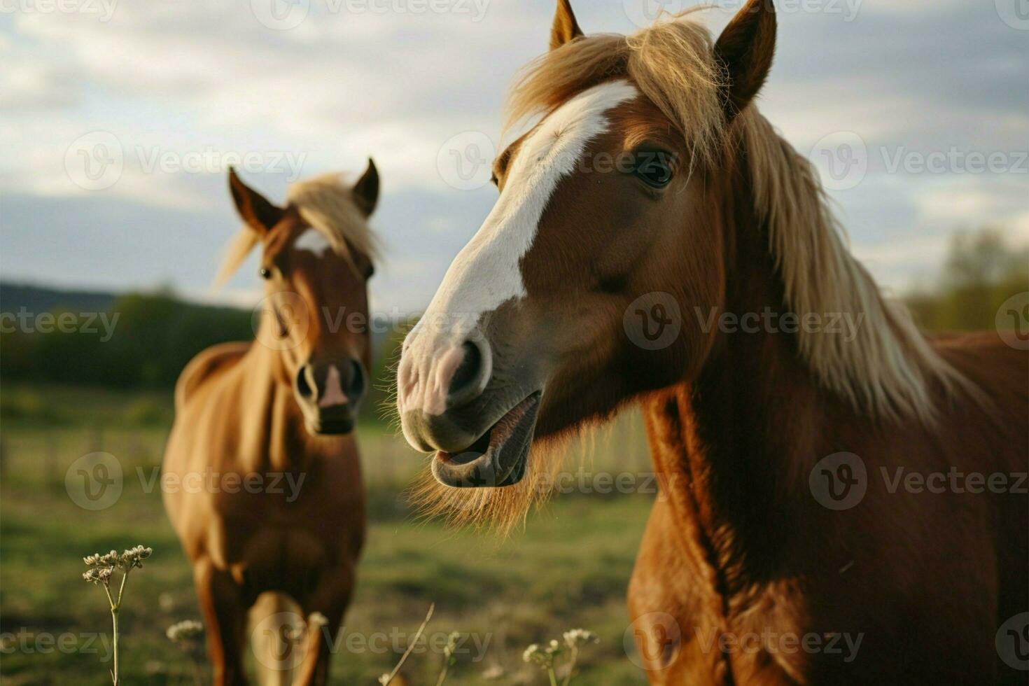 ai gerado pastoral beleza cavalos dentro natureza Campos, contribuindo para a inalterado panorama foto