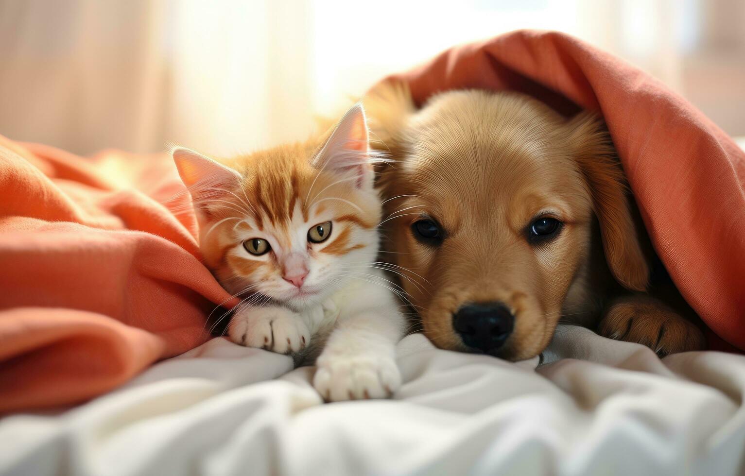 ai gerado uma gatinho e uma cachorro abraço em uma branco roupa de cama foto
