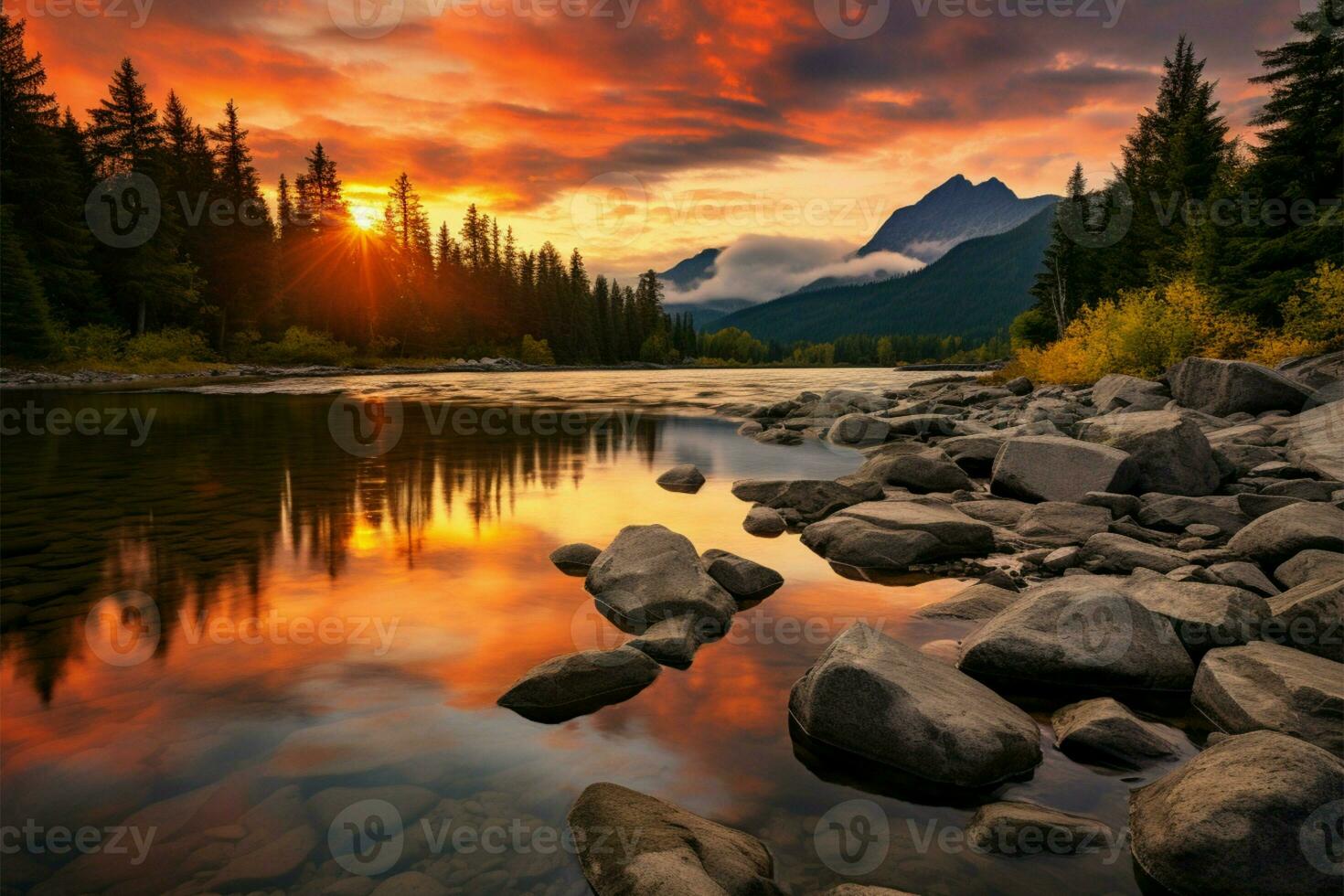 ai gerado colorida reflexão Alto tatra montanha lago, pôr do sol, outono caminhada beleza foto