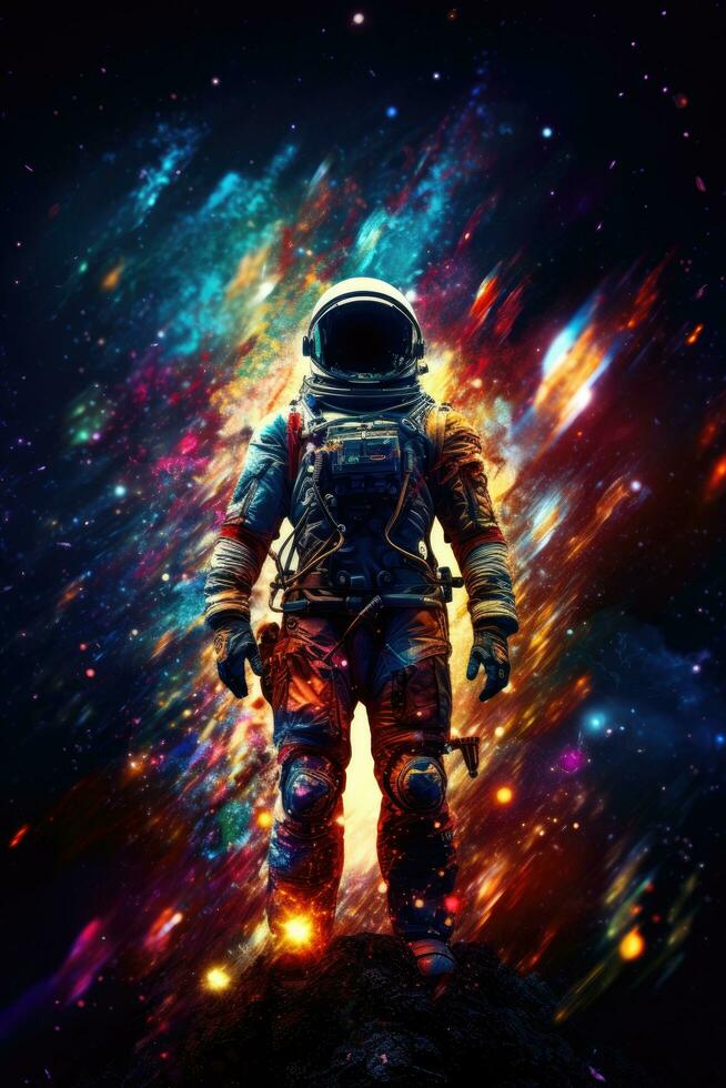 ai gerado astronauta dentro vívido espaço, adornado com estrelas, planetas, e expansivo cópia de espaço para texto foto