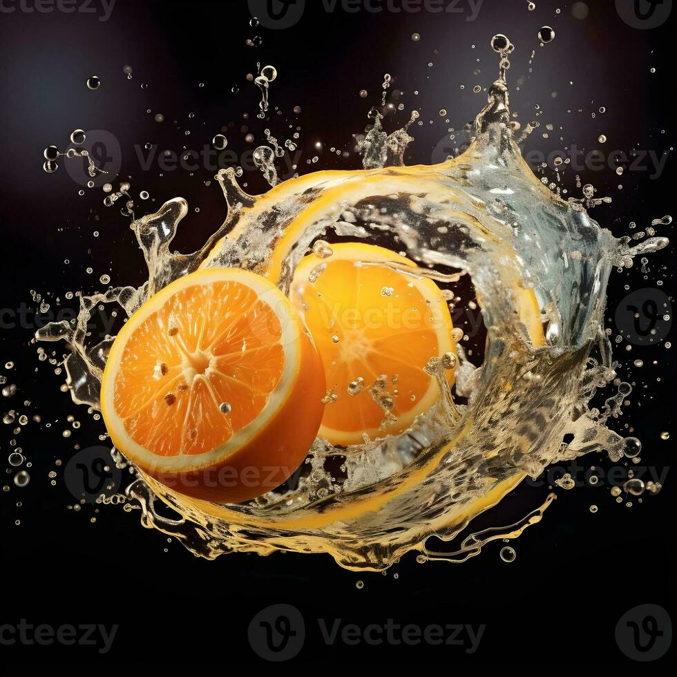 ai gerado fechar-se do laranja fruta contra Preto fundo. fresco partes laranja, fatias queda para dentro a água com uma respingo do água e ar bolhas, isolado em uma Preto fundo. foto