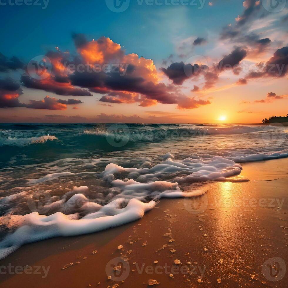 ai gerado uma sereno de praia às pôr do sol, fundição caloroso matizes sobre a tranquilo ondas. conceito do relaxamento e natural beleza. cênico Visão do mar contra céu durante pôr do sol foto