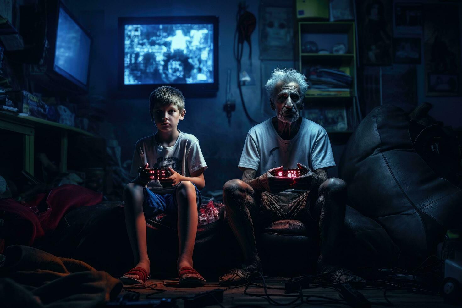 ai gerado retrato do uma Garoto jogando vídeo jogos com dele avô às lar, Garoto jogando uma vídeo jogo, sentado em a chão dentro dele quarto às noite, ai gerado foto