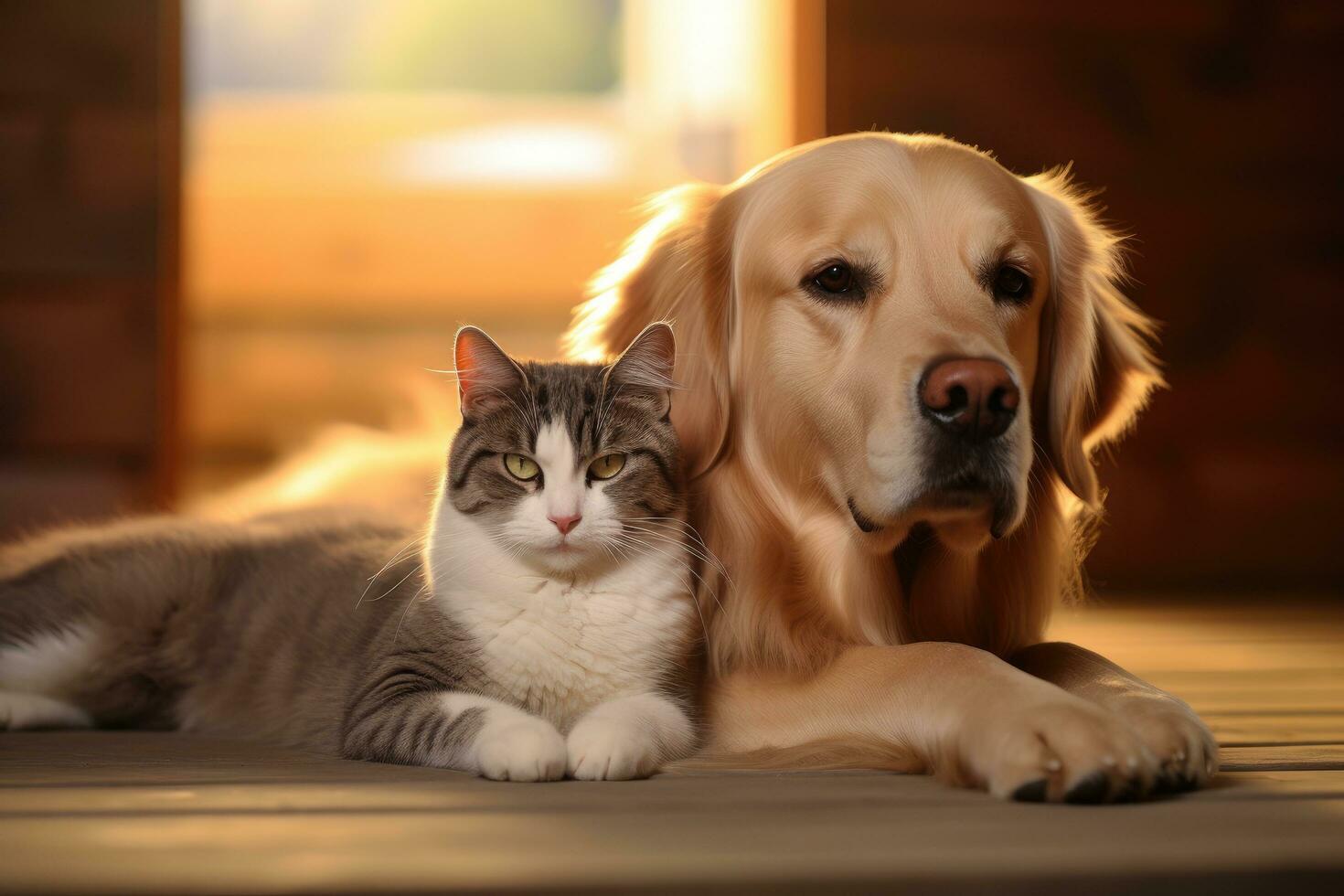 ai gerado dourado retriever e gato deitado juntos dentro frente do uma de madeira casa, britânico gato e dourado recuperador, ai gerado foto