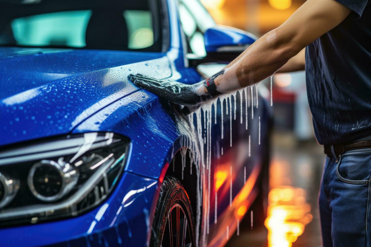 ai gerado profissional mecânico trabalhando dentro garagem, a empregado do uma carro lavar ou carro fazer compras completamente lavagens uma azul carro, ai gerado foto