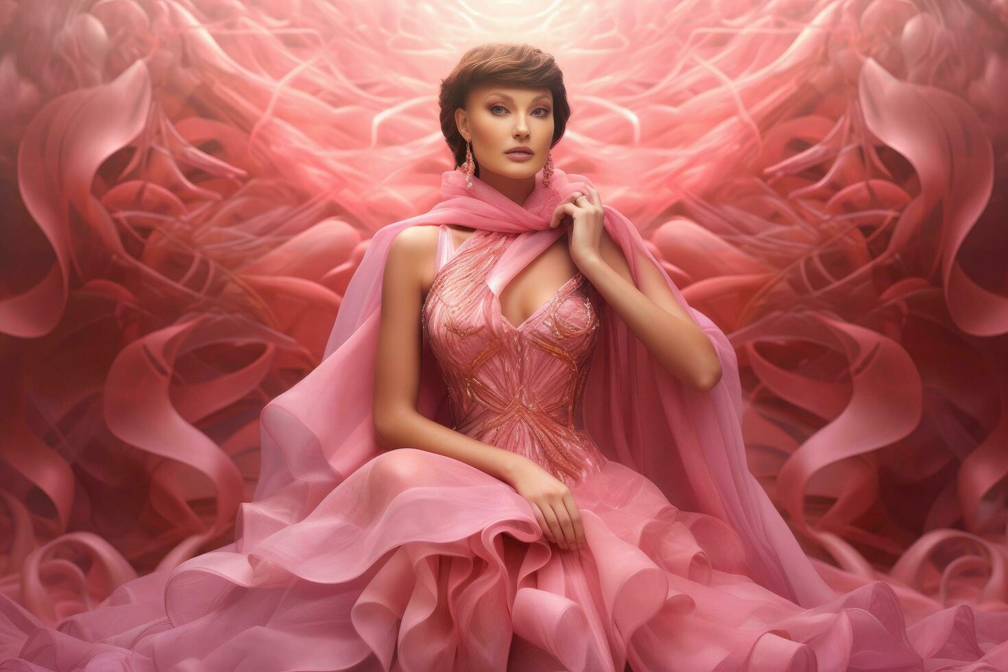 ai gerado moda tiro do uma lindo menina dentro uma Rosa vestir. beleza, moda, seio Câncer consciência mês dentro Outubro, ai gerado foto