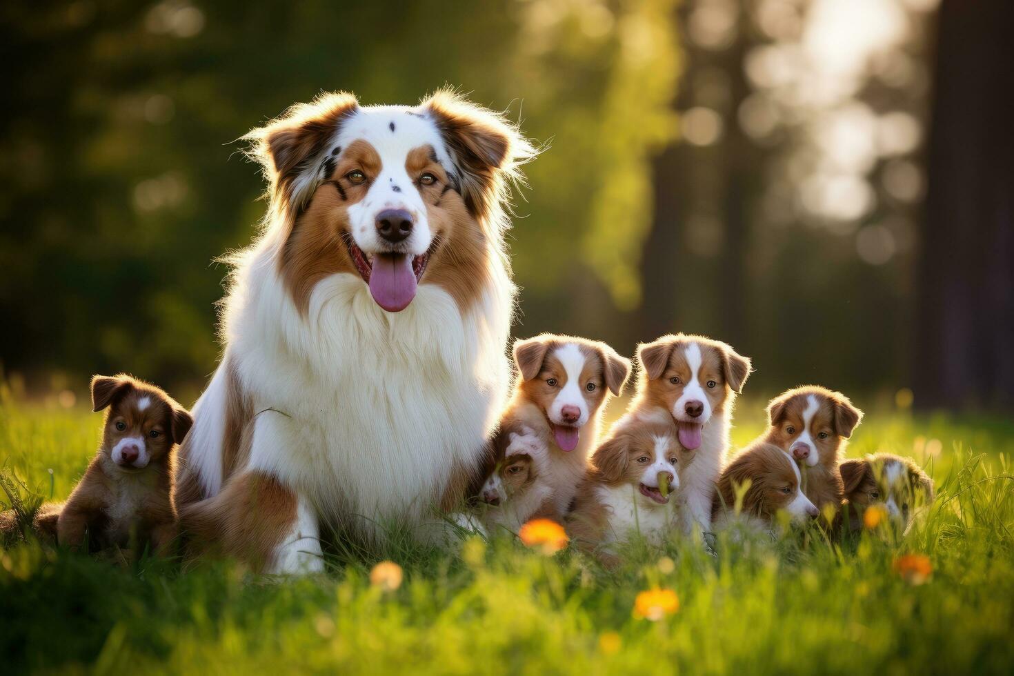 ai gerado grupo do australiano pastor filhotes com mãe e filhotes dentro a parque, aussie cachorro mãe com filhotes jogando em uma verde Prado terra, ai gerado foto