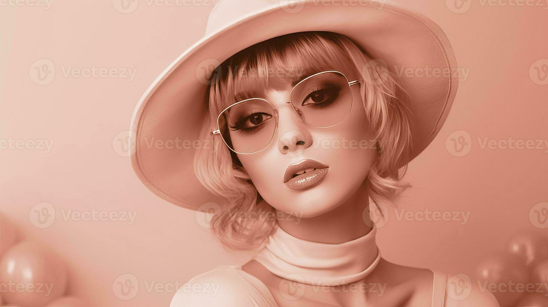 ai gerado mulher vestindo uma Rosa chapéu e oculos de sol, cor do a ano 2024. ai gerado. foto