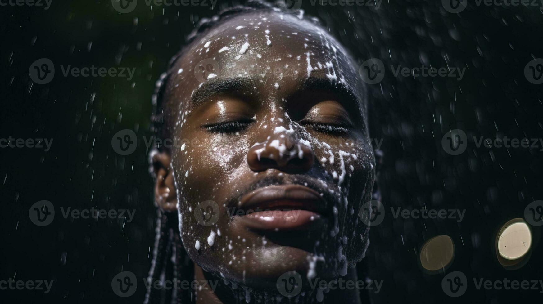 ai gerado bonito jovem africano americano homem levando banho com espuma em Preto fundo. generativo ai foto