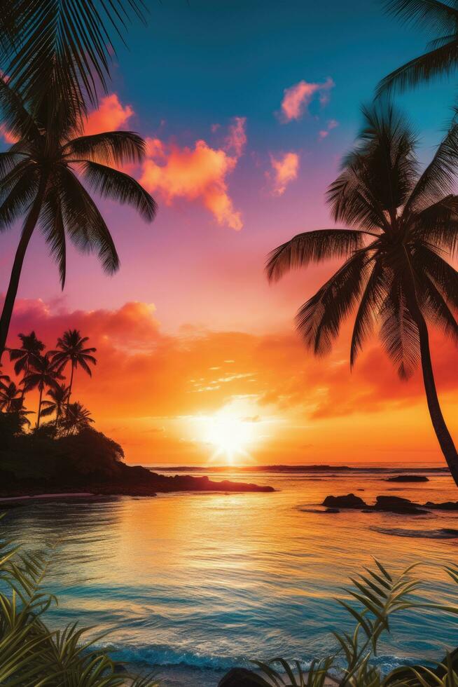ai gerado vívido viagem cena apresentando tropical beleza, radiante pôr do sol foto