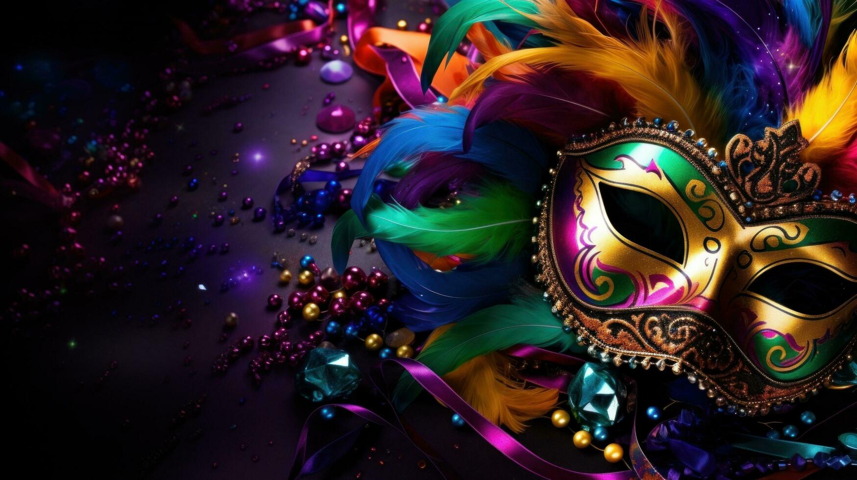 ai gerado vívido mardi gras fundo apresentando máscaras, serpentinas, e animado cores, foto