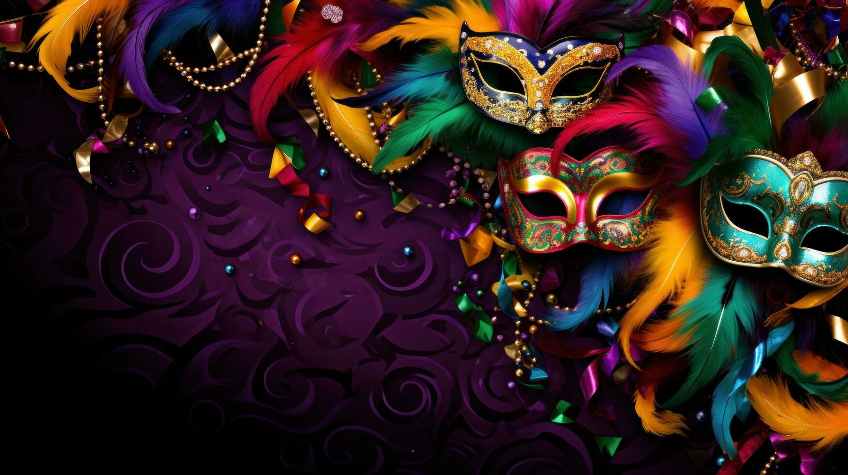 ai gerado vívido mardi gras fundo apresentando máscaras, serpentinas, e animado cores, foto