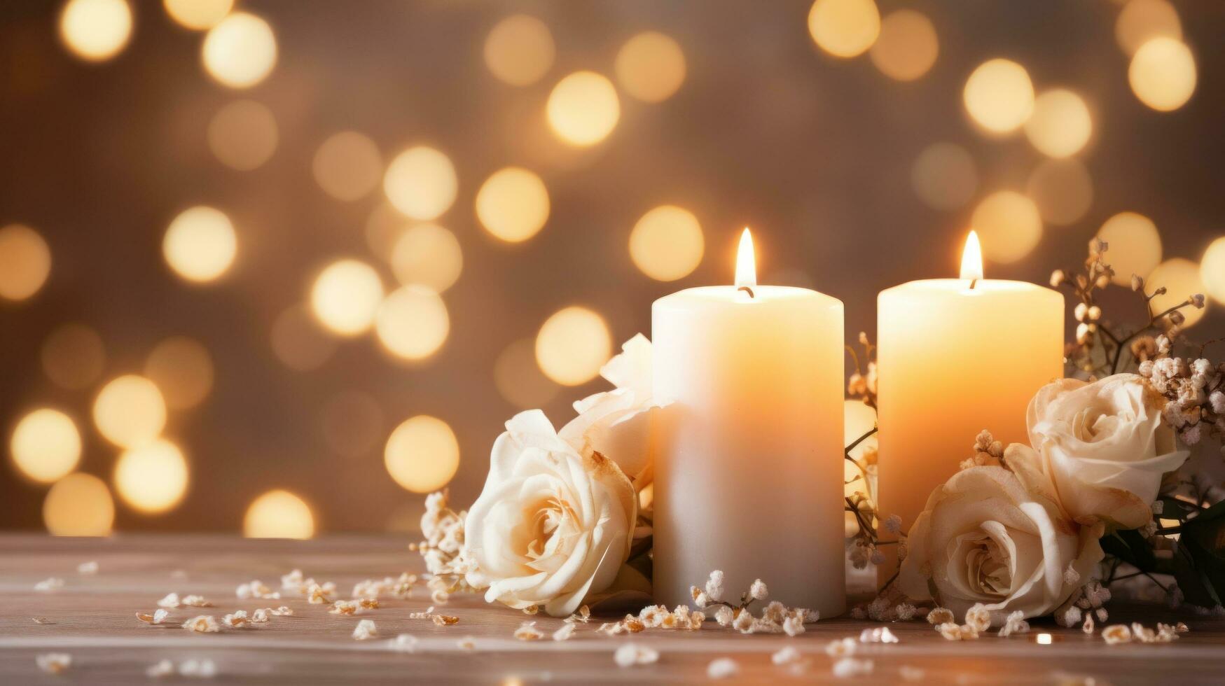 ai gerado Casamento fundo, velas, delicado decoração, e espaço para cheio de amor declarações foto