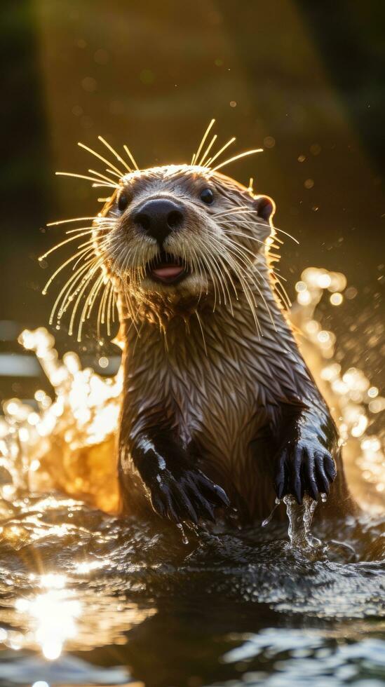 ai gerado uma curioso e brincalhão lontra salpicos através a água foto