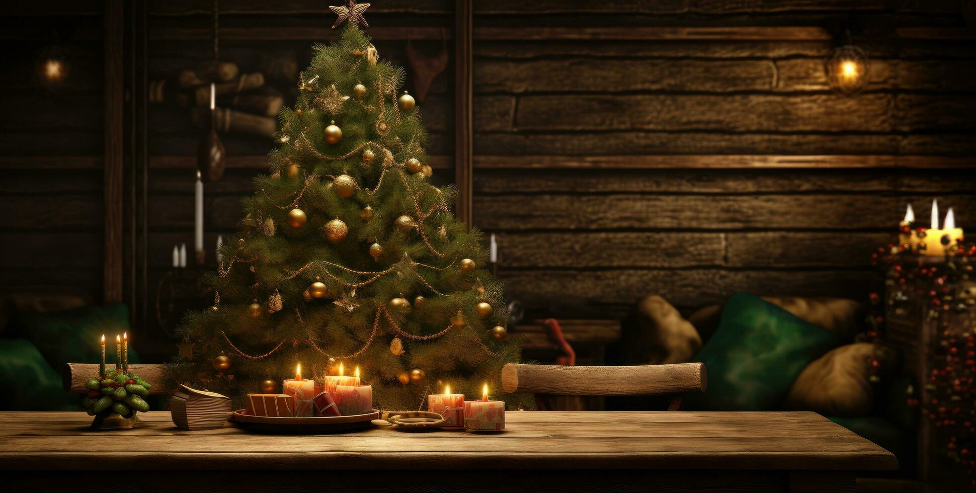 ai gerado uma Natal árvore em uma de madeira mesa foto