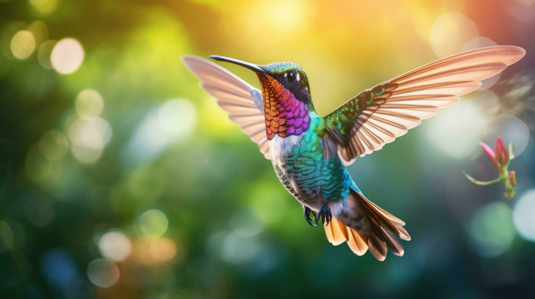 ai gerado uma vibrante beija Flor pairando dentro no ar, Está iridescente penas cintilante dentro a luz solar foto