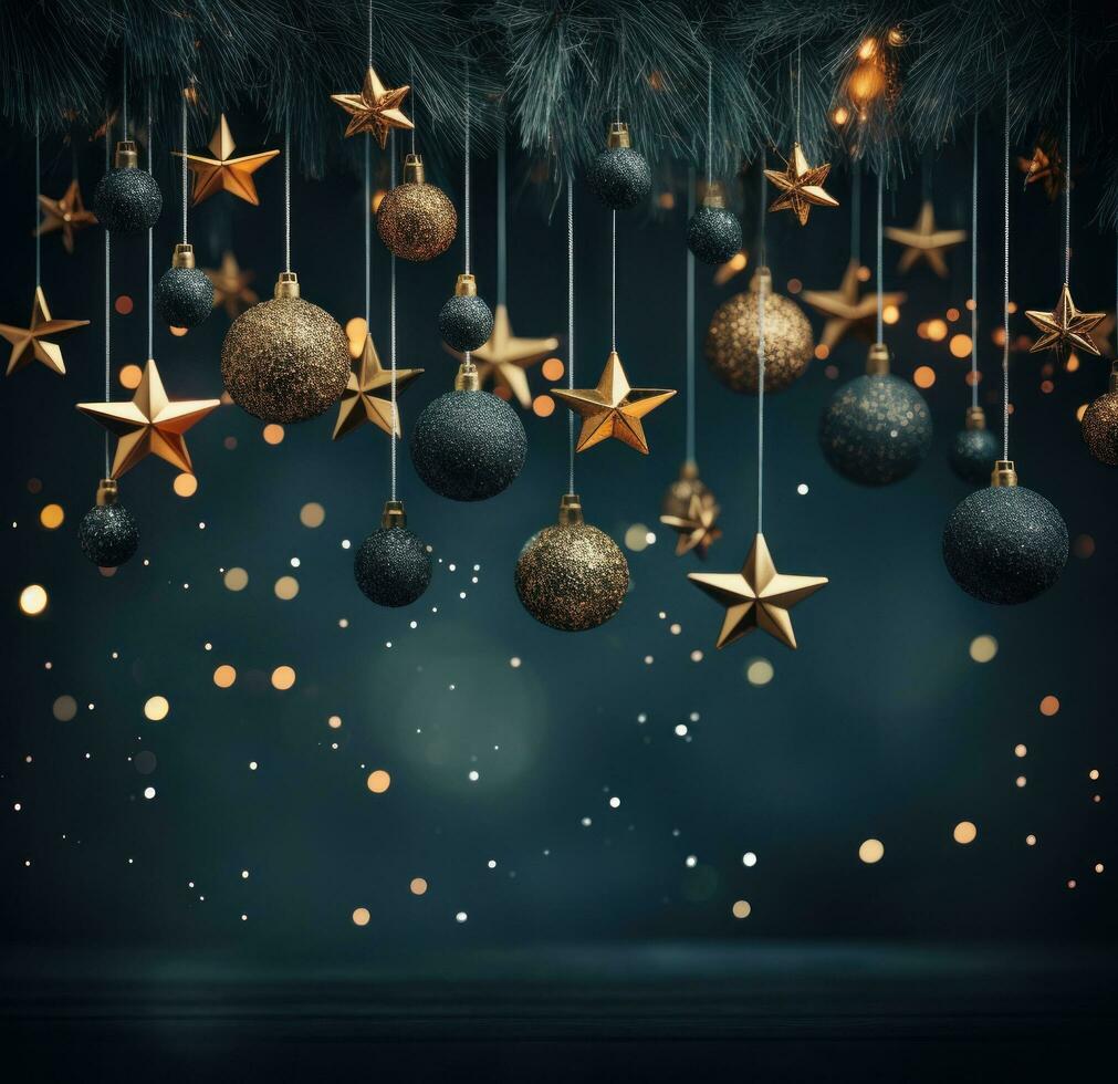 ai gerado Natal feriado fundo com bolas, rena, Natal luzes, enfeites e estrelas foto