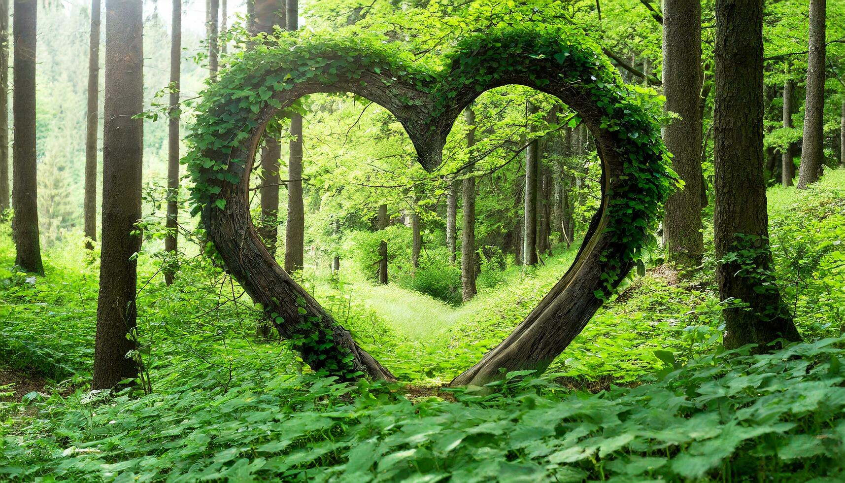 ai gerado forma do uma coração dentro a meio do uma floresta foto