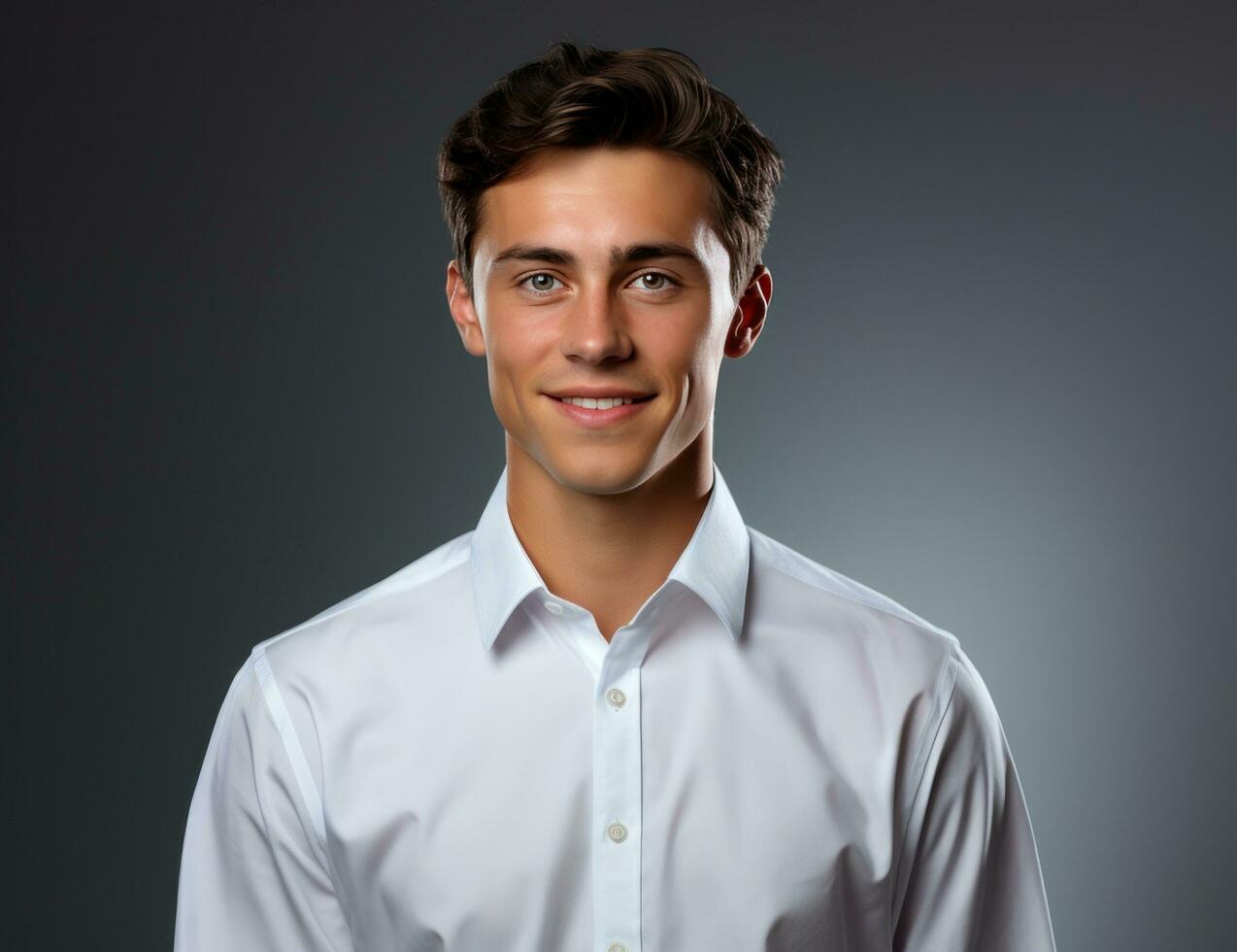 ai gerado sorridente jovem homem vestindo branco camisa foto