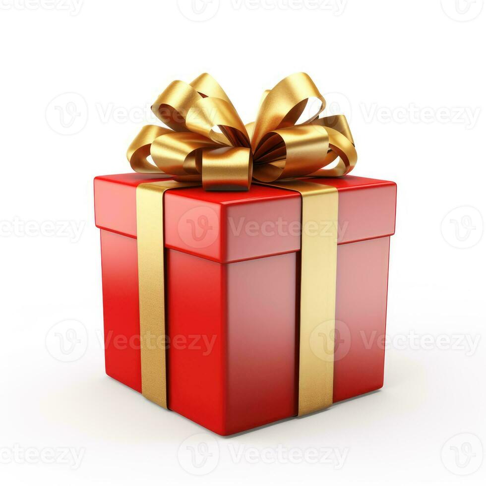 ai gerado aniversário presente, Natal presente, vermelho caixa com ouro arco em branco fundo. foto