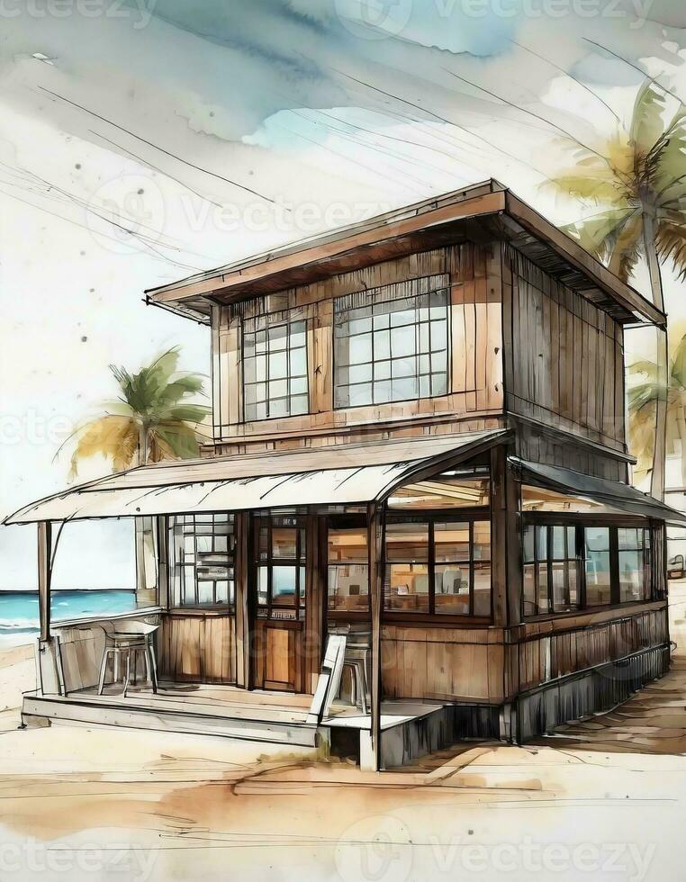 ai gerado aguarela esboço e linhas do a exterior do uma café fazer compras construção em a de praia foto