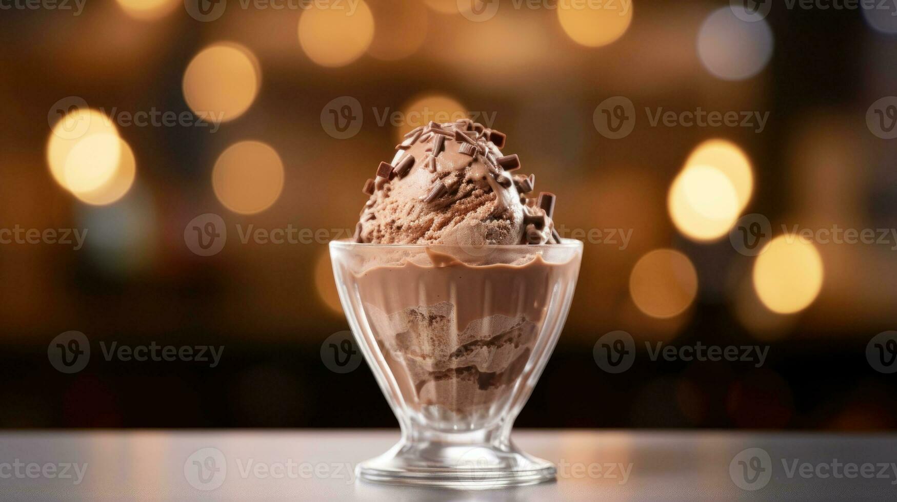 ai gerado chocolate gelo creme coberto com chocolate peças dentro transparente vidro em Sombrio borrado fundo com bokeh. ideal para sobremesa menus, Comida blogs, anúncios, revistas, receita livros. foto