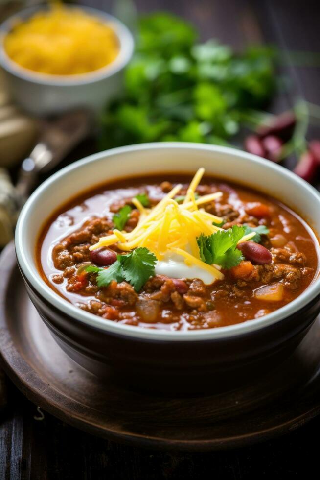 ai gerado uma picante e saboroso Pimenta sopa com concurso pedaços do carne bovina, feijões, e uma borrifar do Grato queijo foto