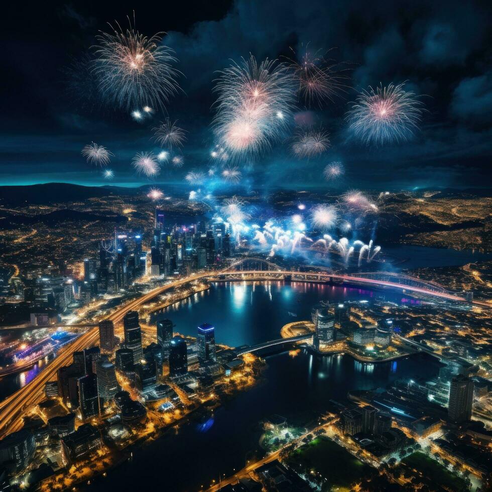 ai gerado uma tirar o fôlego aéreo tiro do fogos de artifício explodindo sobre uma cidade ou panorama foto