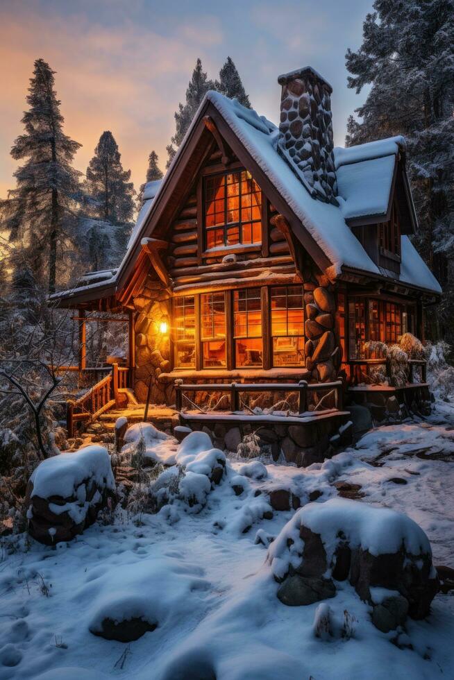 ai gerado uma rústico cabine com uma fumar chaminé senta dentro uma Nevado paisagem, foto