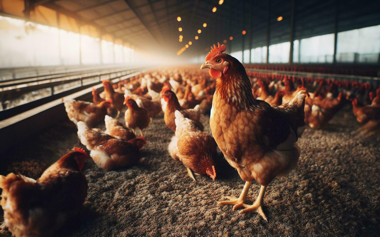 ai gerado frango fazendas, grande escala gado Produção, galinhas dentro cooperativas, carne indústria foto