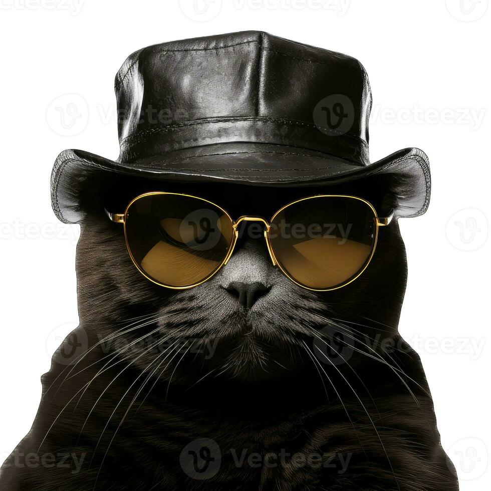 ai gerado engraçado Preto gato com oculos de sol e boné isolado em branco fundo. foto