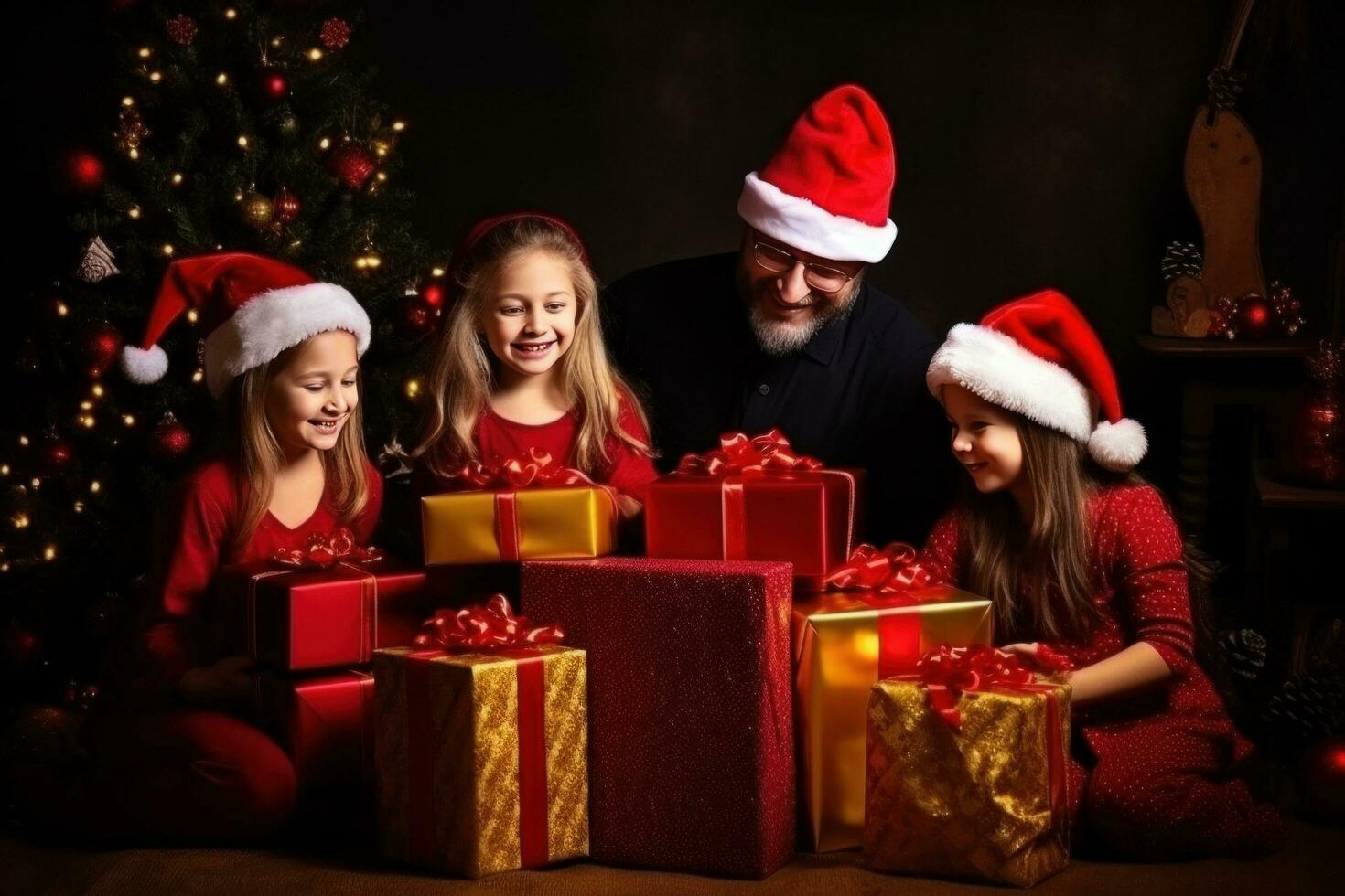 ai gerado feliz família com alegre Natal Magia presente perto árvore às tarde às casa foto