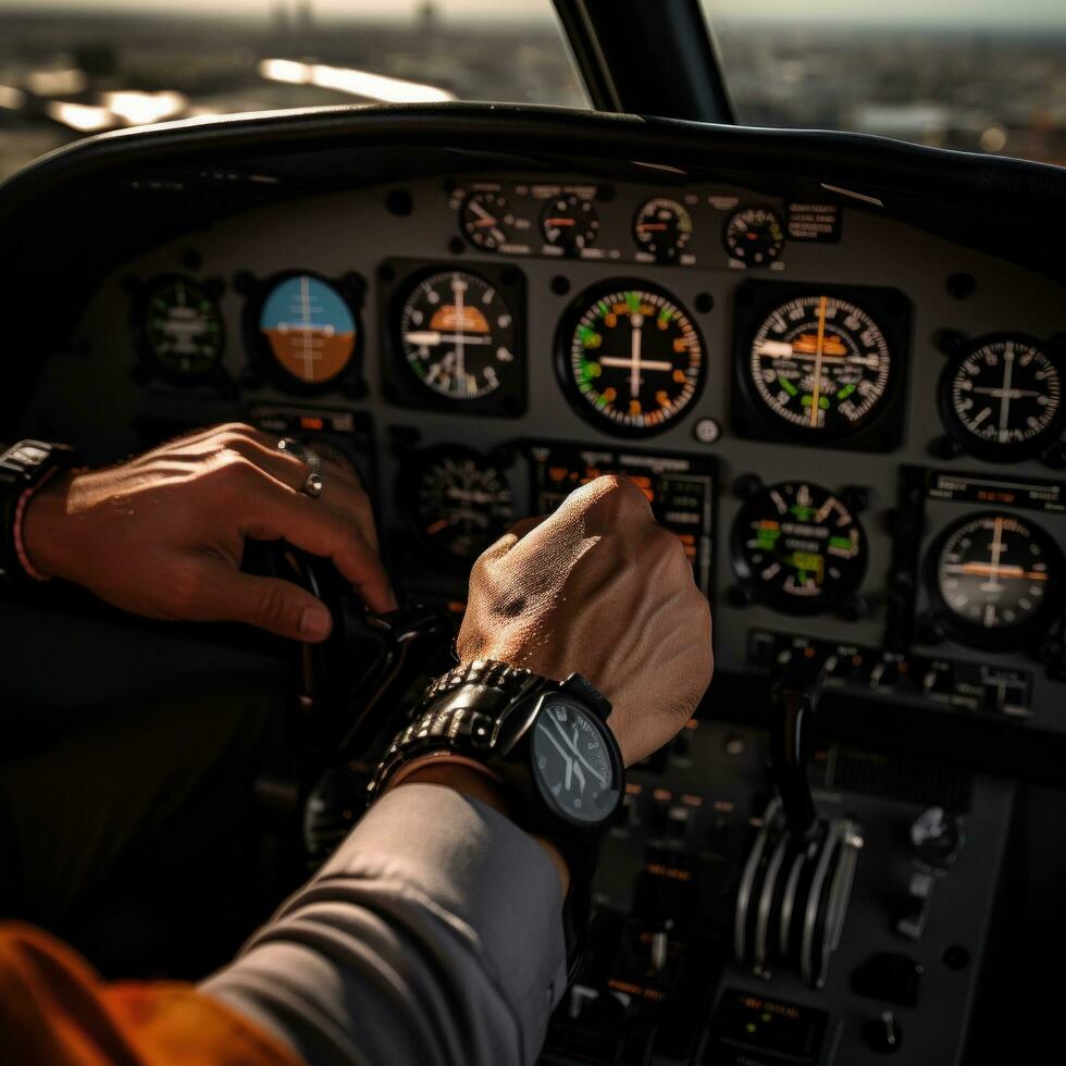 ai gerado do piloto mão em a controles do a avião, com a cockpit instrumentos visível dentro a fundo foto