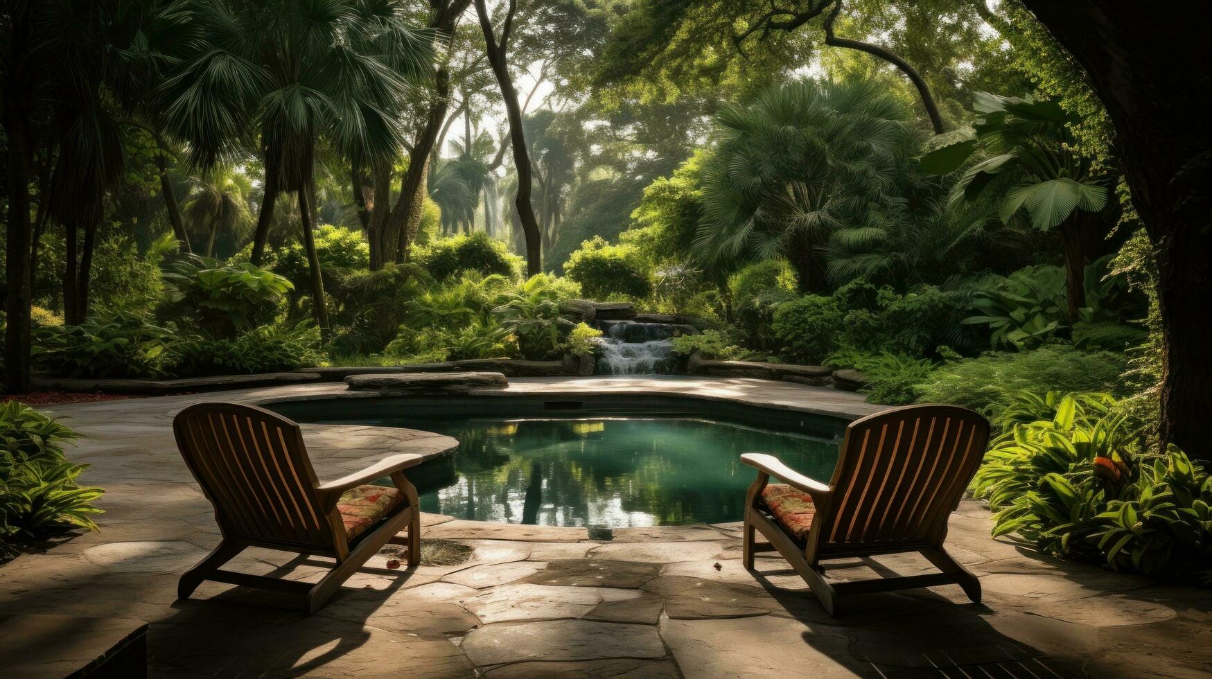 ai gerado uma piscina cercado de exuberante vegetação e salão cadeiras, perfeito para uma pacífico tarde foto