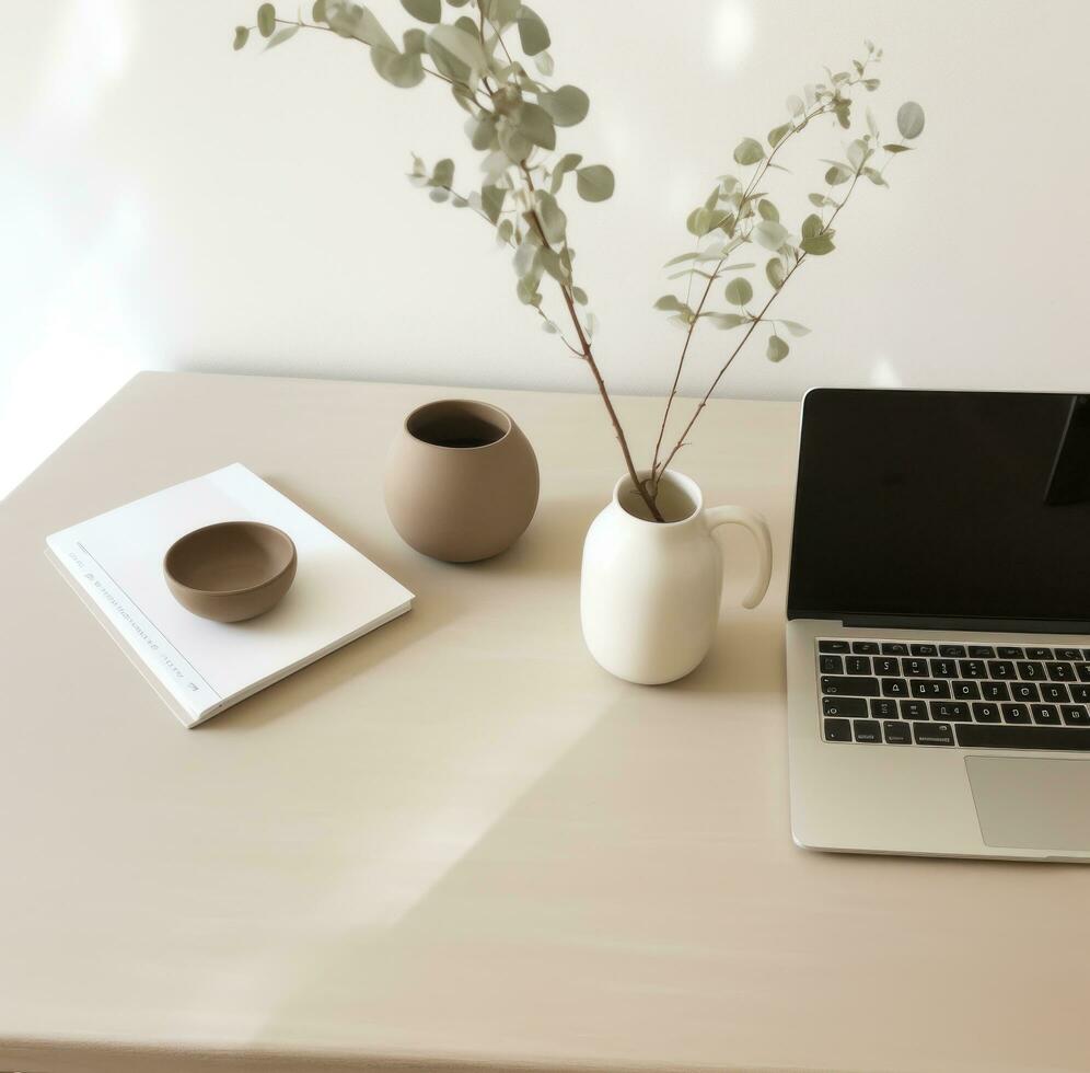 ai gerado escrivaninha com computador portátil, vaso e luminária em branco mesa foto