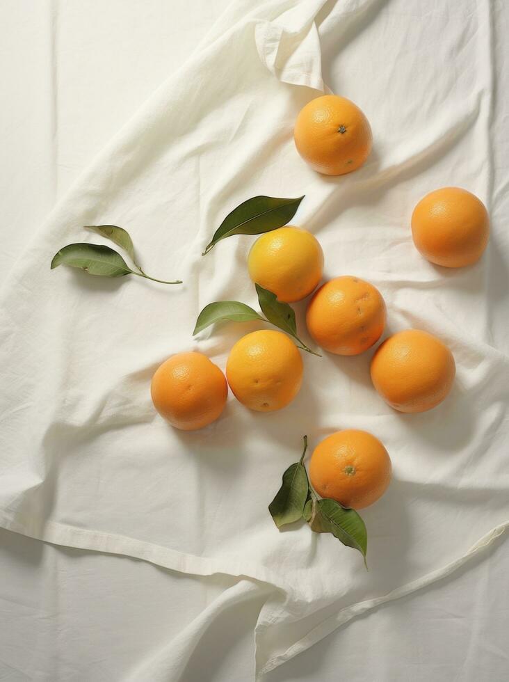 ai gerado oito tangerinas em branco pano, com verde folhas, todo dia coisas efêmeras, orgânico material foto
