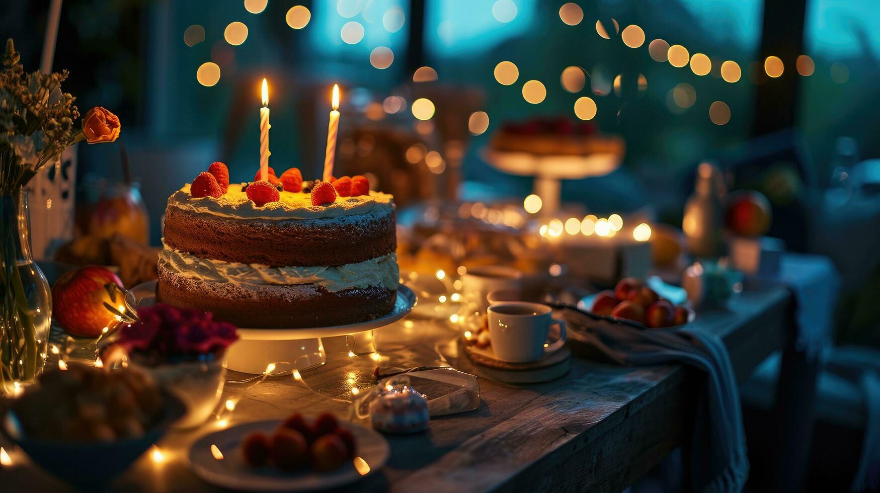 ai gerado aniversário bolos mesa dentro festa com luzes aceso em foto