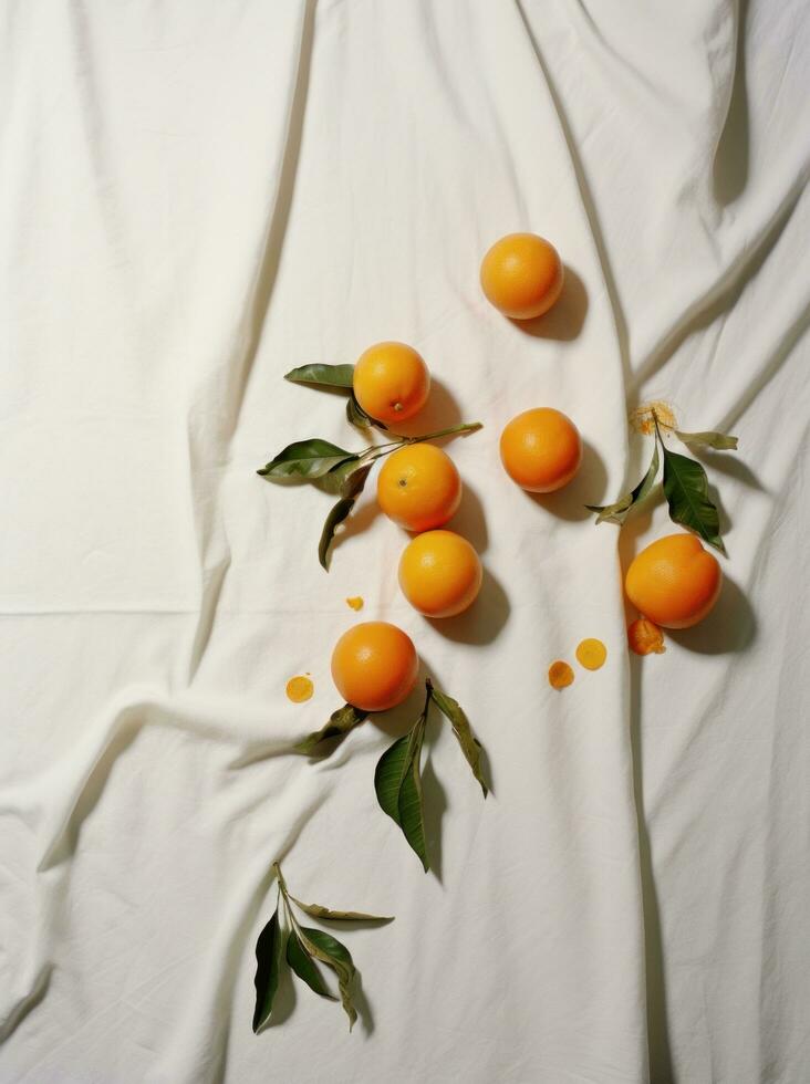 ai gerado oito tangerinas em branco pano, com verde folhas, todo dia coisas efêmeras, orgânico material foto