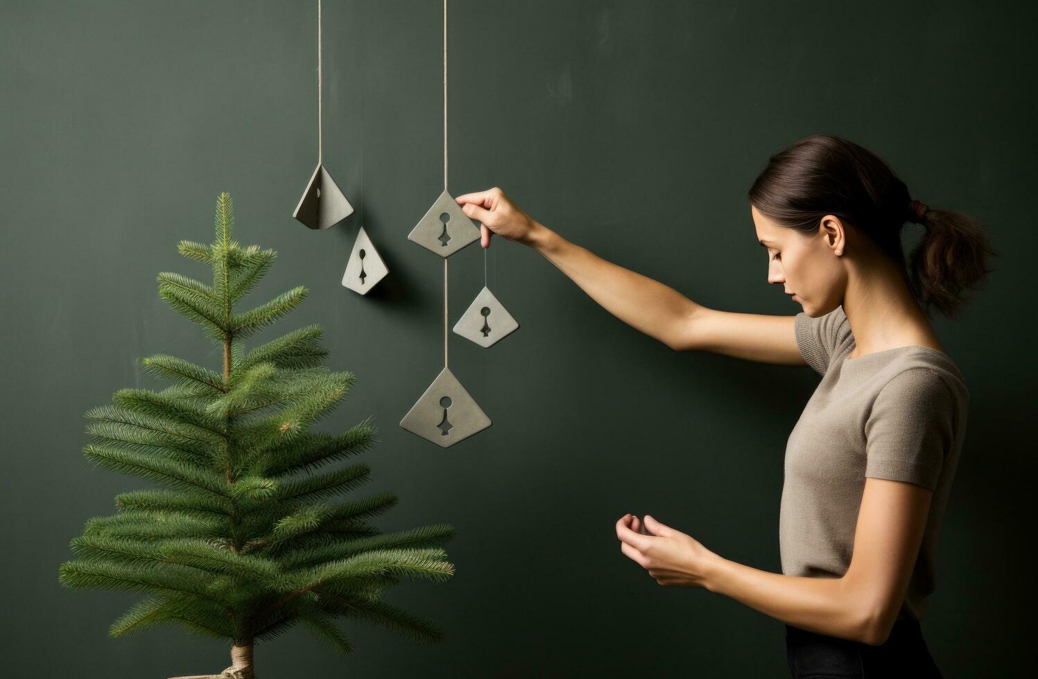 ai gerado mulher colocando Natal enfeites em árvore, foto
