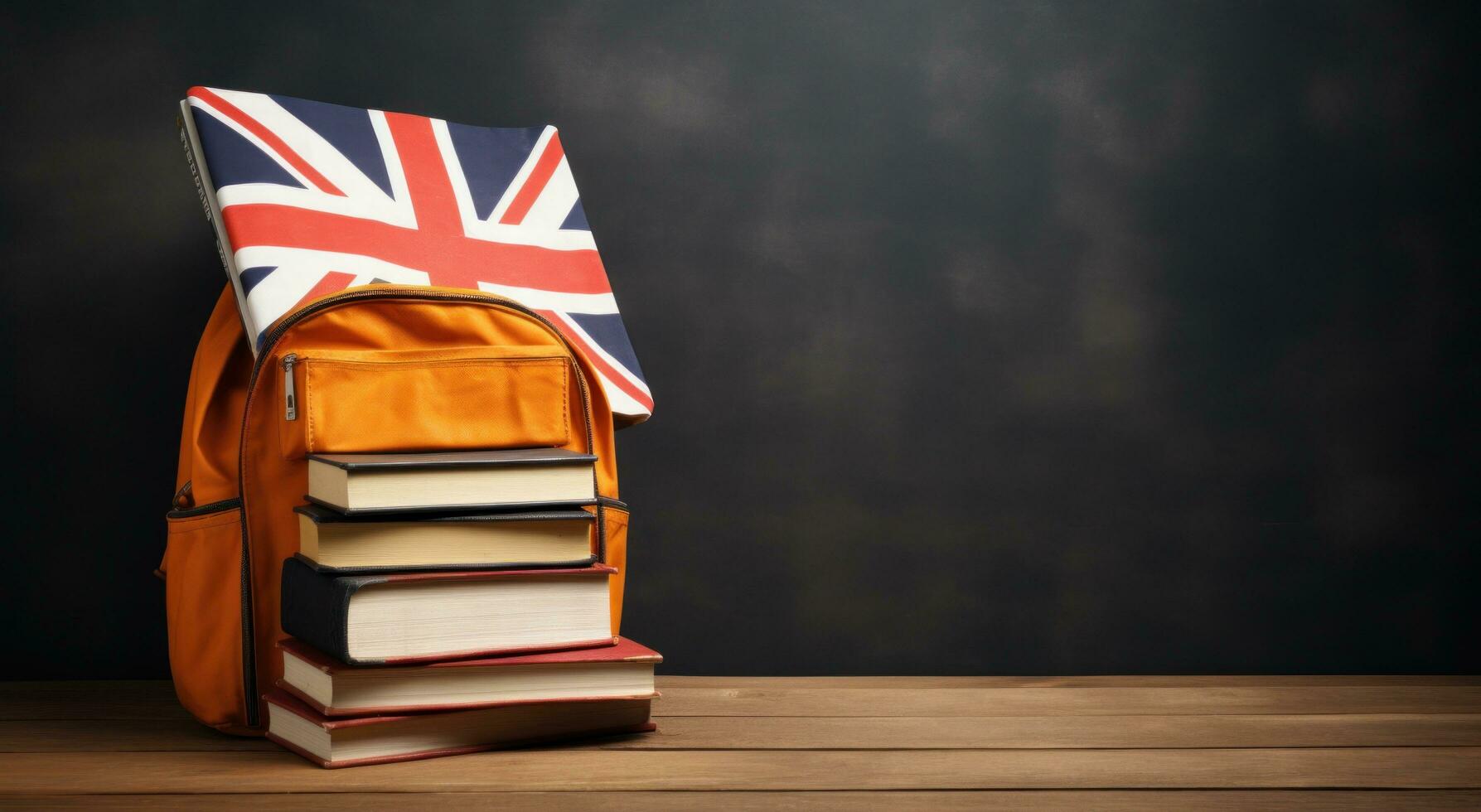 ai gerado a laranja mochila sentado em uma mesa com livro e União bandeira em isto foto