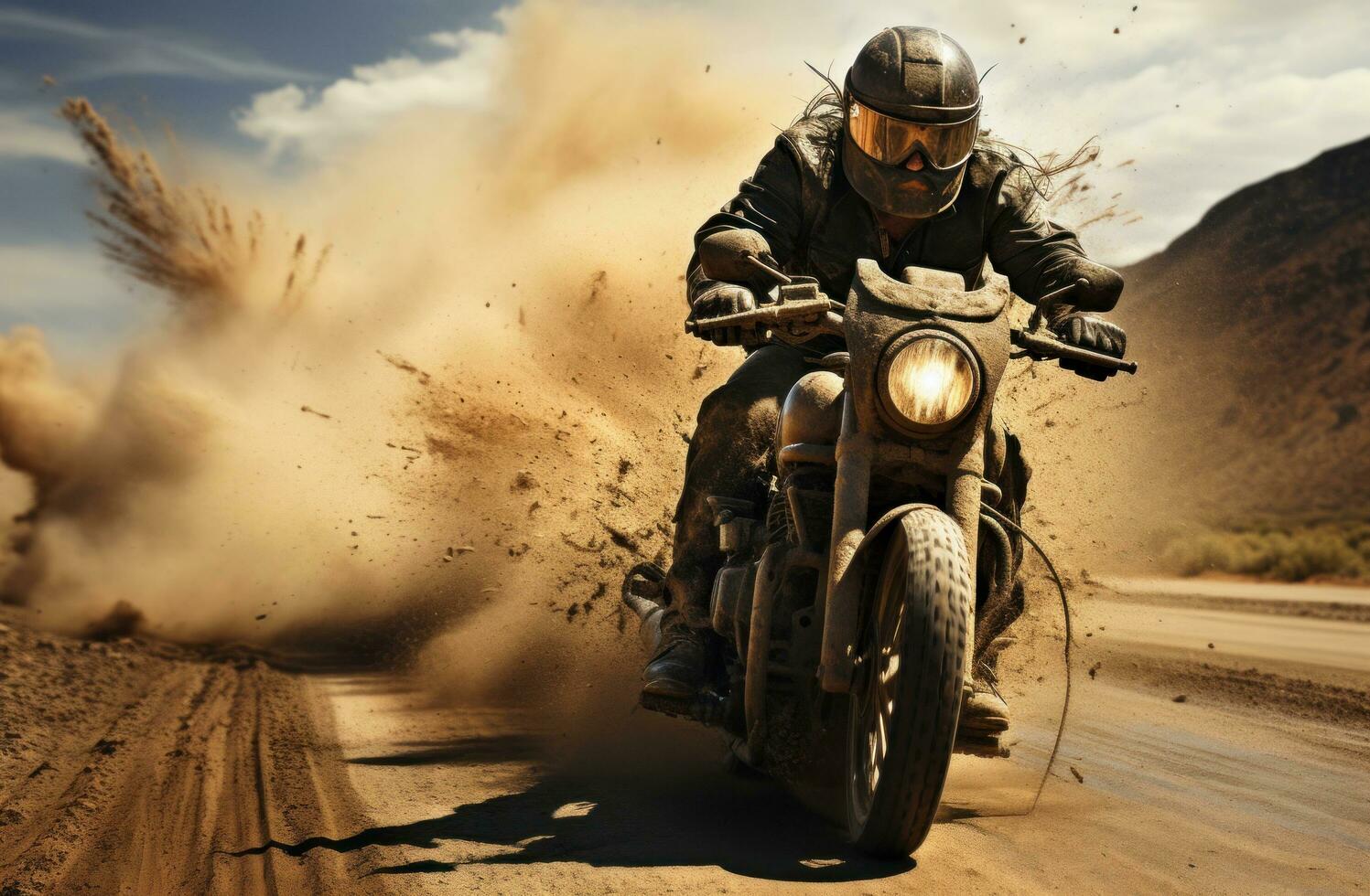 ai gerado uma Preto homem equitação uma motocicleta baixa uma sujeira estrada foto