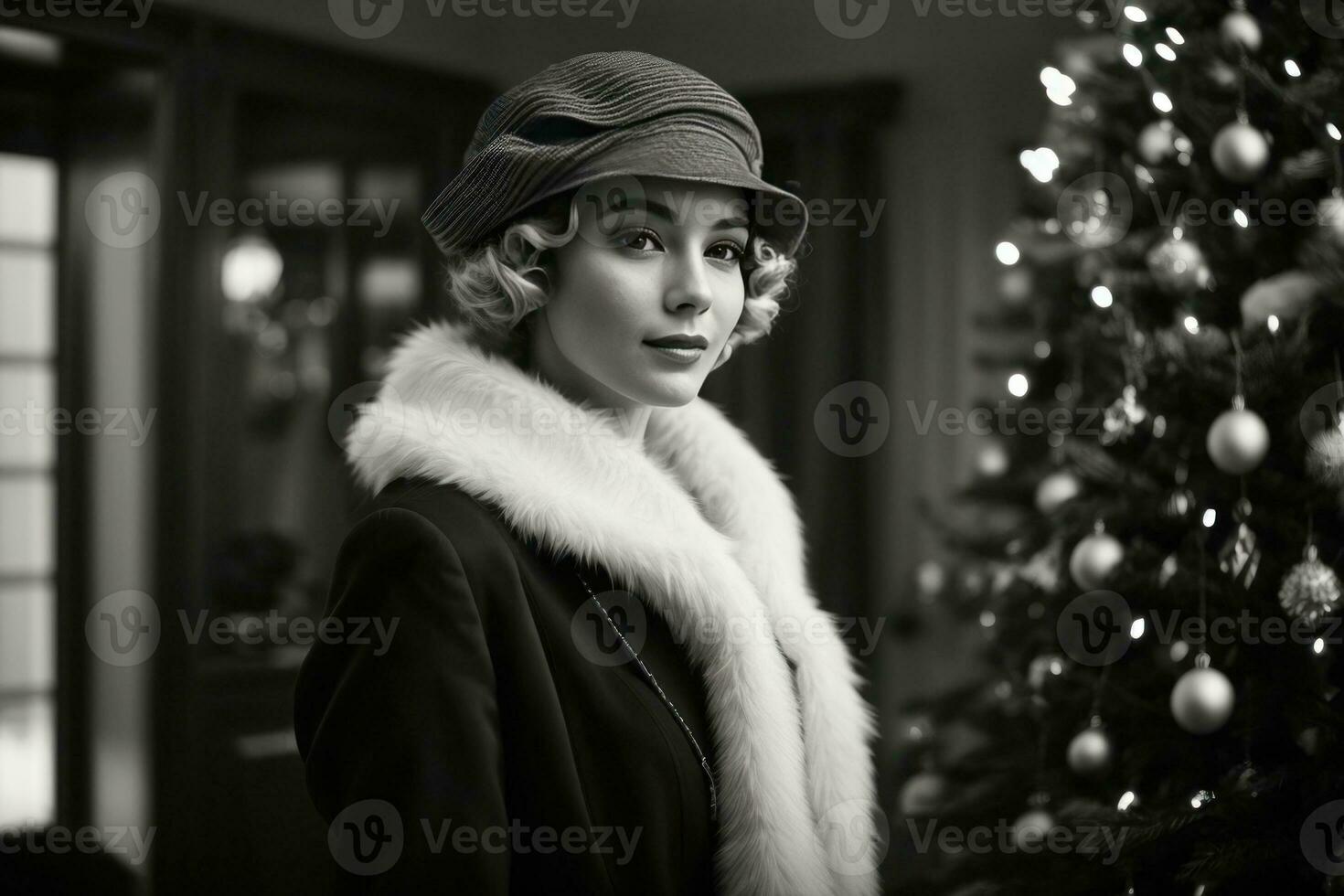 ai gerado retro festividade Década de 1920 moda no meio uma Natal árvore foto