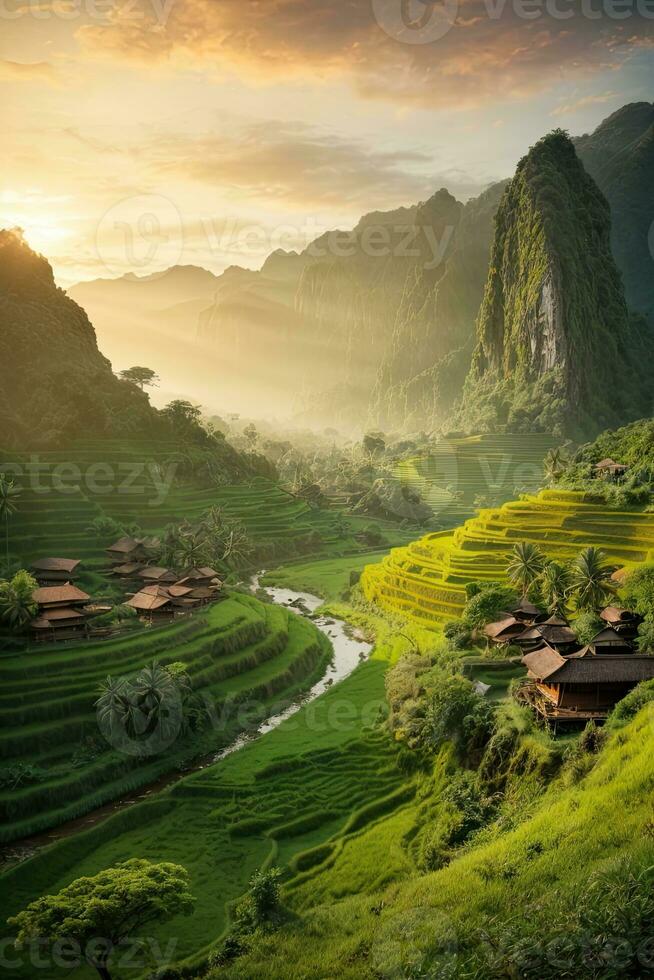 ai gerado majestoso nascer do sol sobre terraço arroz Campos aninhado entre exuberante verde colinas gerado de ai foto