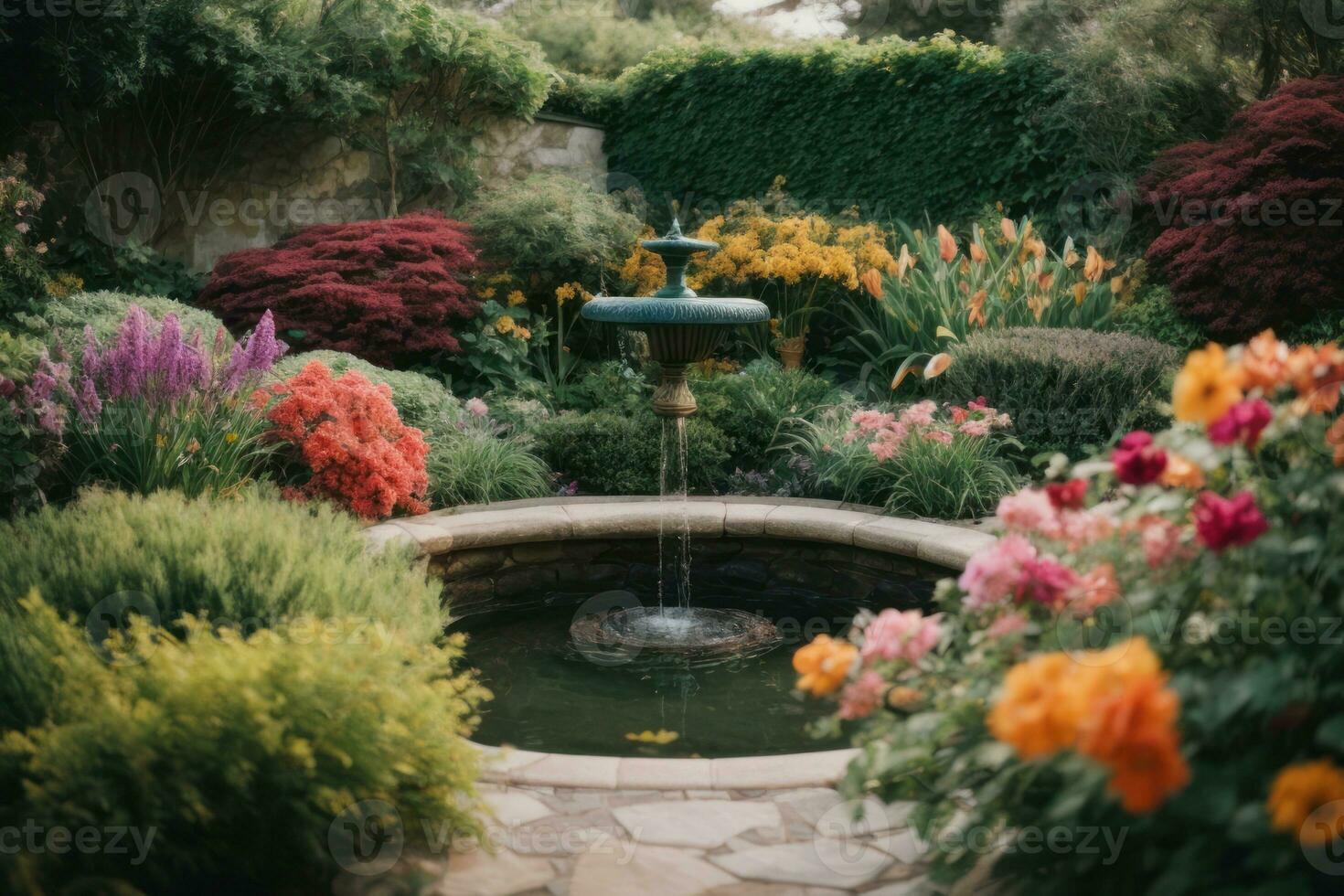 ai gerado tranquilo jardim cena com uma variedade do colorida flores dentro flor generativo de ai foto