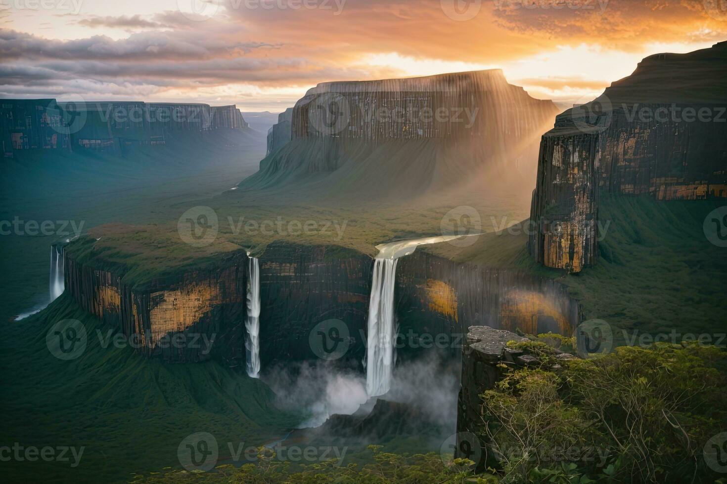 ai gerado majestoso cachoeiras em cascata cercado de exuberante falésias e vegetação generativo de ai foto